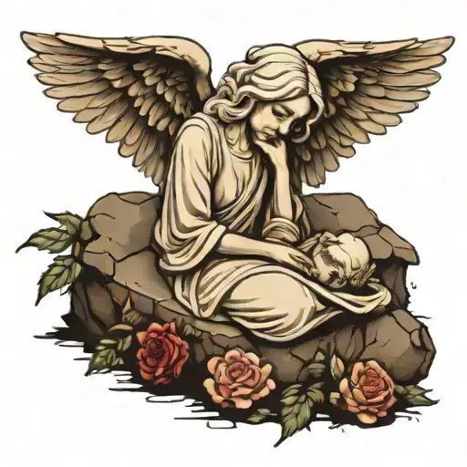 Crying Sad Realistic Stone Angel Laying Over A Grave