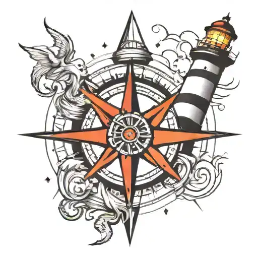 Compass Rose With A Lighthouse Above And An Anchor Below