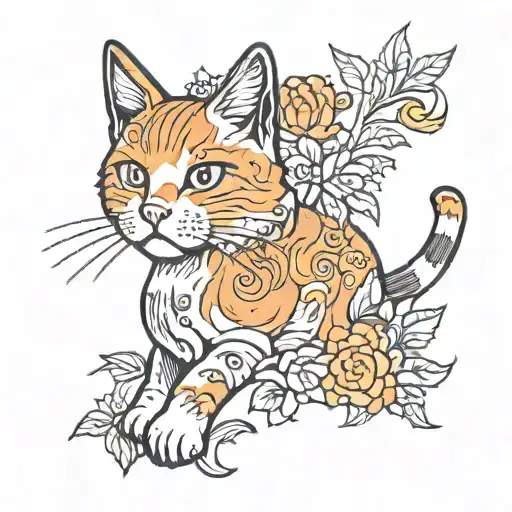 Small Orange Cat Black White Small Fine Line