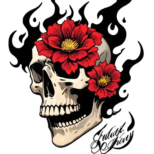Skull With Flower In Flames