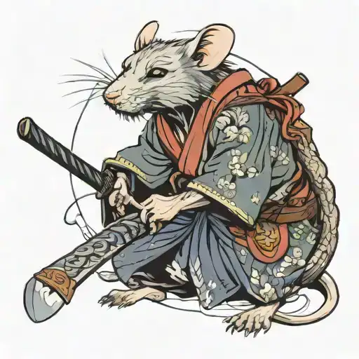 Aggressive Rat Samurai In A Kimono And An Axe On The End Of His Tail