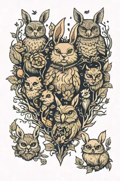 Rabbit And A Bear And Owl In Woods