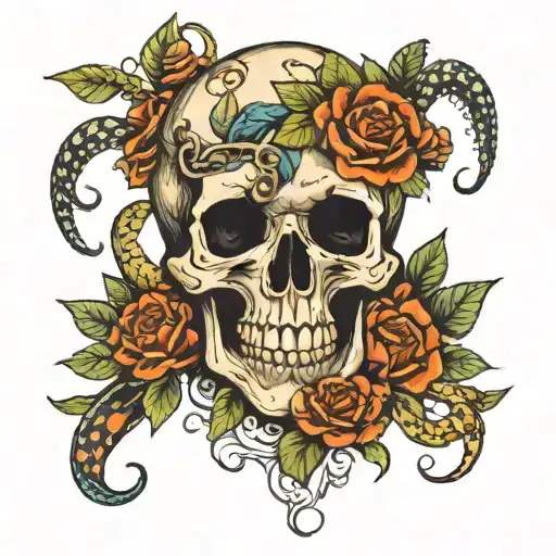 Skull With Snake Through The Mouth And Flowers