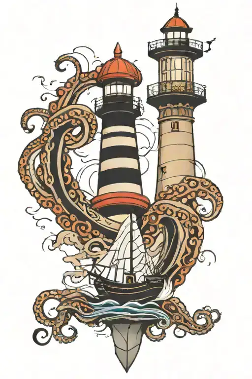 Lighthouse And Octopus And Ship Sailing Through Stormy
