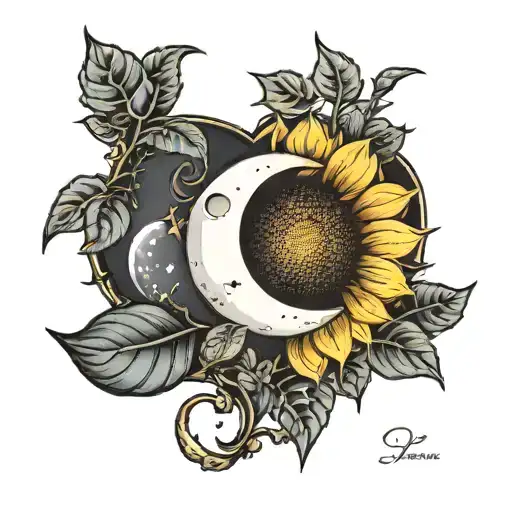 Small Heart With The Moon And Sunflower Growing