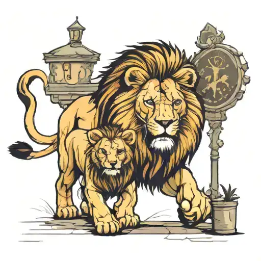 Lion And Cub Walking Down Street Sign