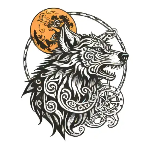 Tribal Wolf Howling At The Moon With Horoscope Signs Scorpio And Gemini
