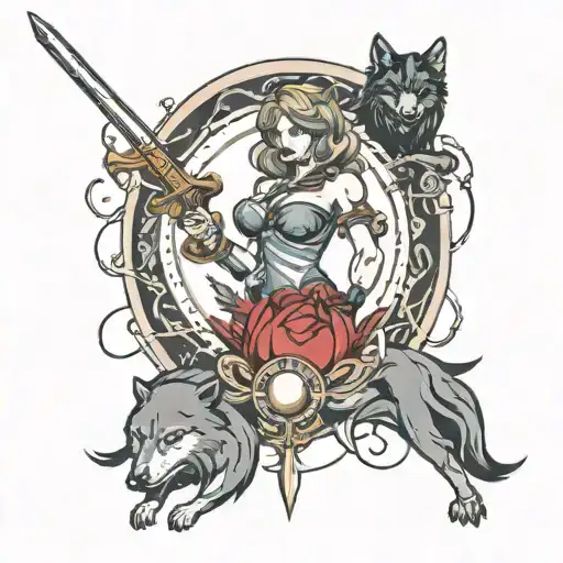 Maiden With Sword And Magic Sphere 2 Wolves 2 Ravens