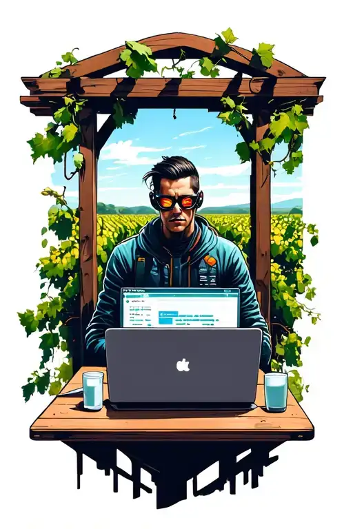 Cyberpunk Coder On A Laptop On A Vineyard Under A Pergola