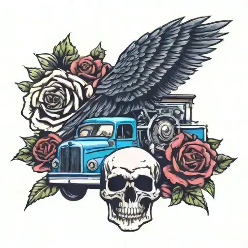 Owl And Skull And Roses And A Semi Truck