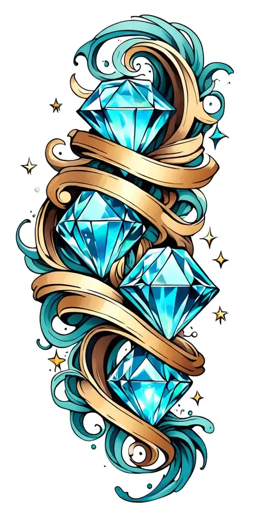 Two Diamonds And Two Opals Aquamarine With Stars And Swirls And Waves