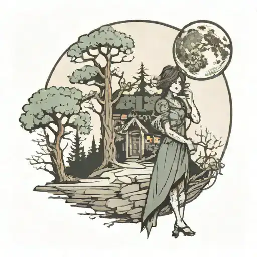 Forest And Tree And Wall And Moon And A Girl