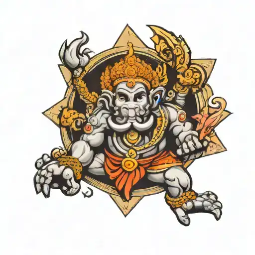 Hanuman God With Other Designs Symbolizing Strength And Gateway Of A City