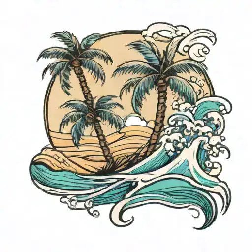 Palm Tree With Sand Dune And Waves Flowing