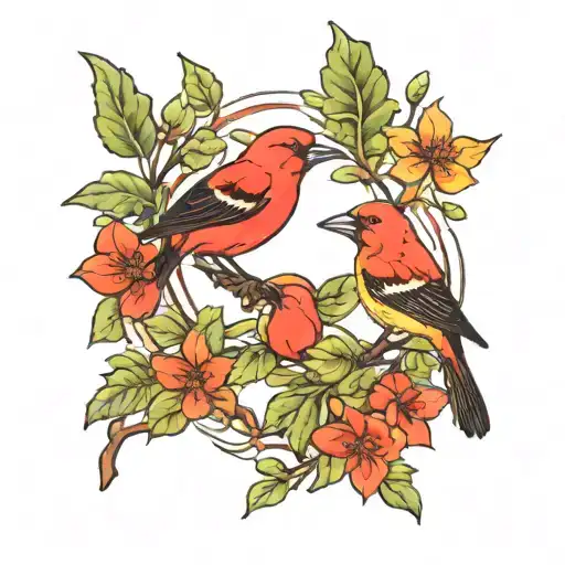 Scarlet Tanager Birds In A Lush Forest Landscape