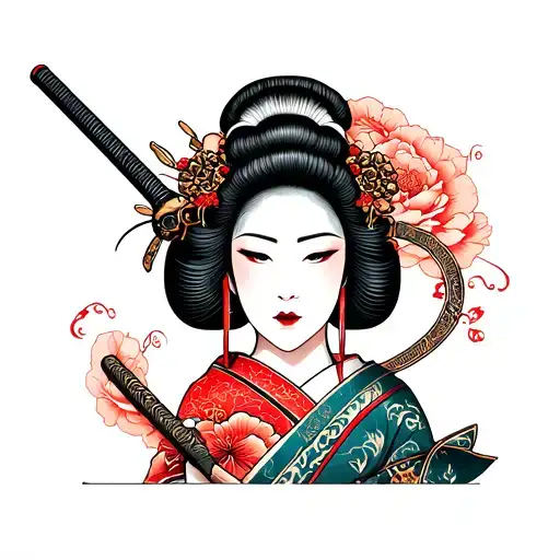 Naked Geisha From Torso Up With A Katana Going Through It