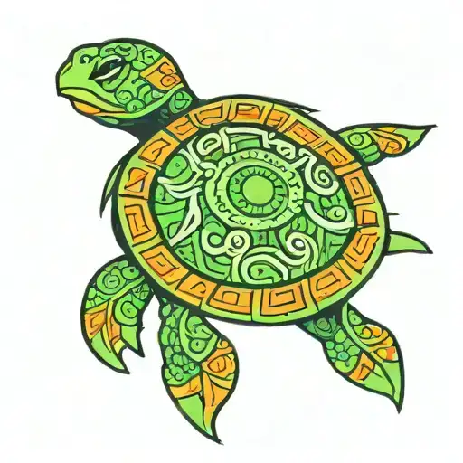 A Green And Orange Tribal Turtle