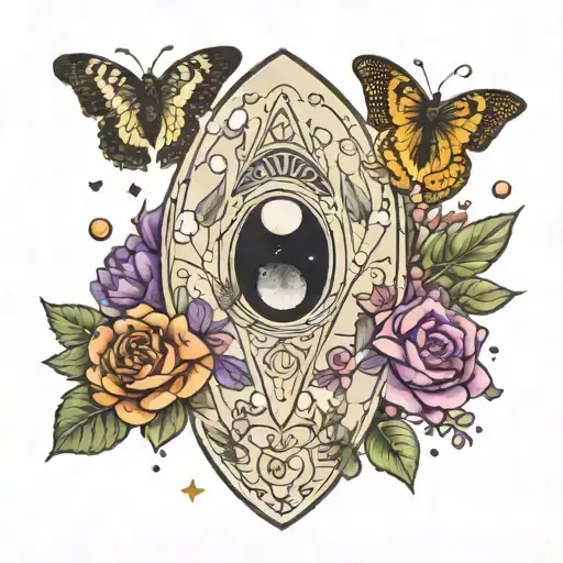 Moth Design On Planchette With Moon Phases With Flowers Behind It