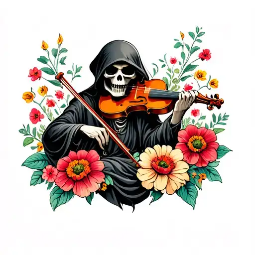 A Grim Reaper Playing Violin Surrounded By Flowers