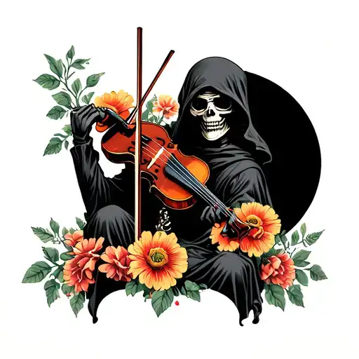 A Grim Reaper Playing Violin Surrounded By Flowers