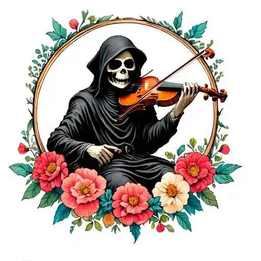 A Grim Reaper Playing Violin Surrounded By Flowers