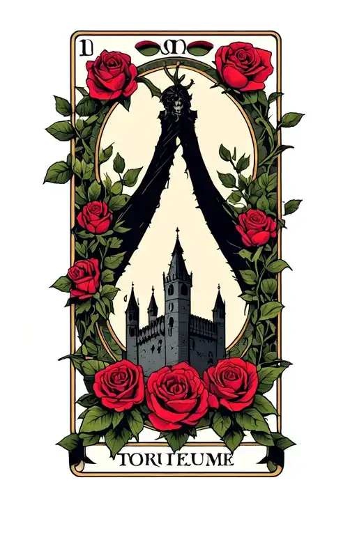 Dark Tower With Roses Surrounded By Three Tarot Cards