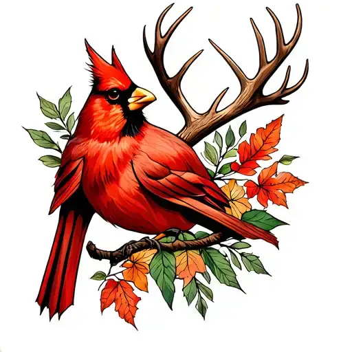 Cardinal And Deer Antlers Intertwined