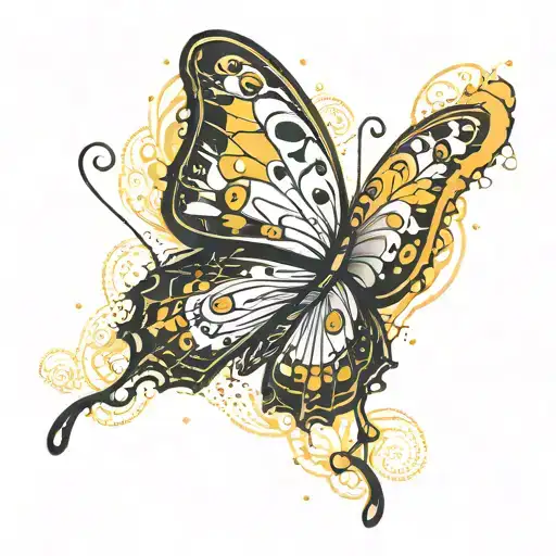 A Minimalist Black And White Outline Of A Yellow Butterfly With Intricate Dotwork Details