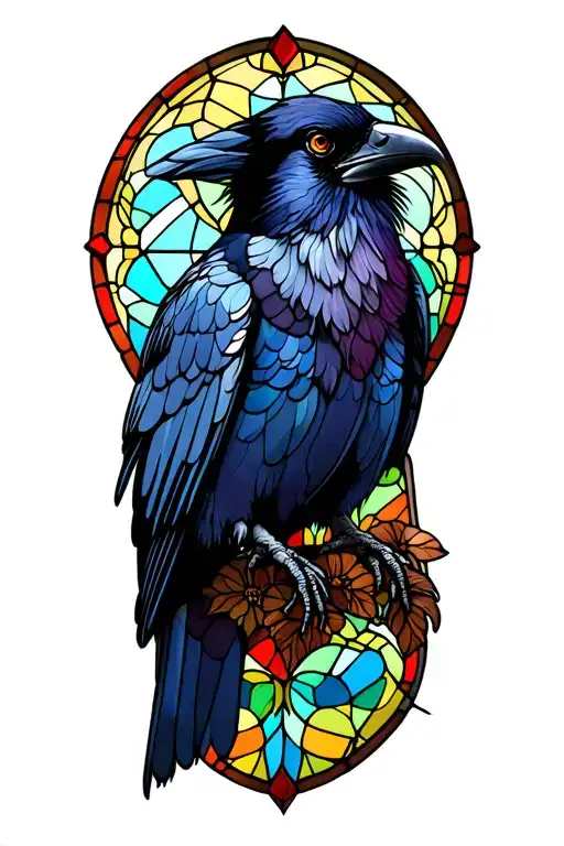 Gothic Colorful Stained Glass Window With Raven