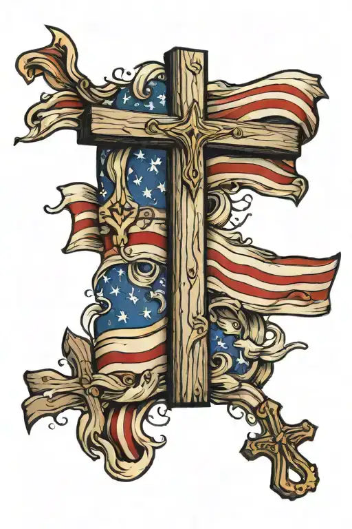 Jesus Cross And American Flag And The Beach