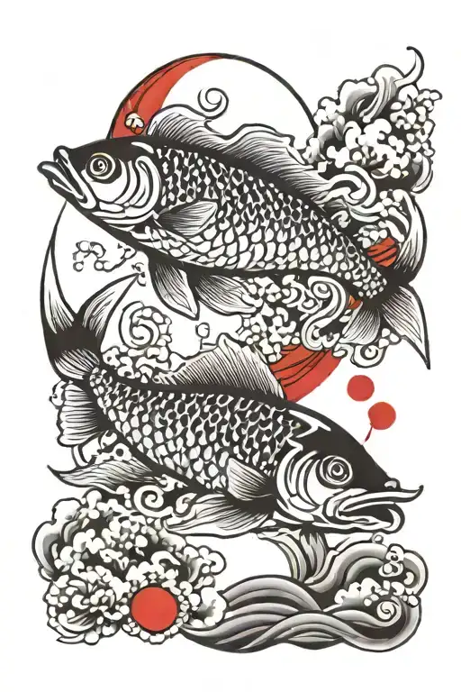 Japanese Fish And Red Moon Merging Together