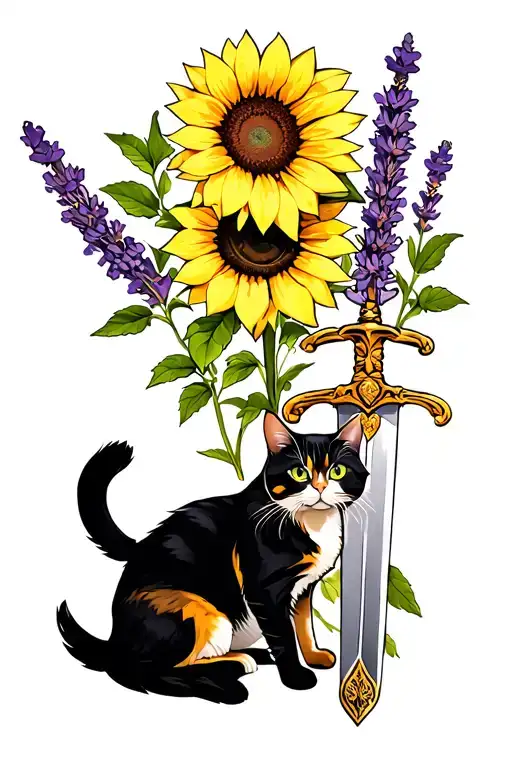 A Sunflower With Lavender With A Sword And A Cat Sitting