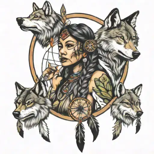 Native American Female With Dream Catcher And Wolfs