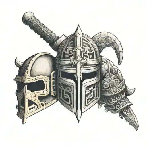 A Tattoo Of A Cross And Next To It A Samurai Gladiator And Aztec Warrior Helmet