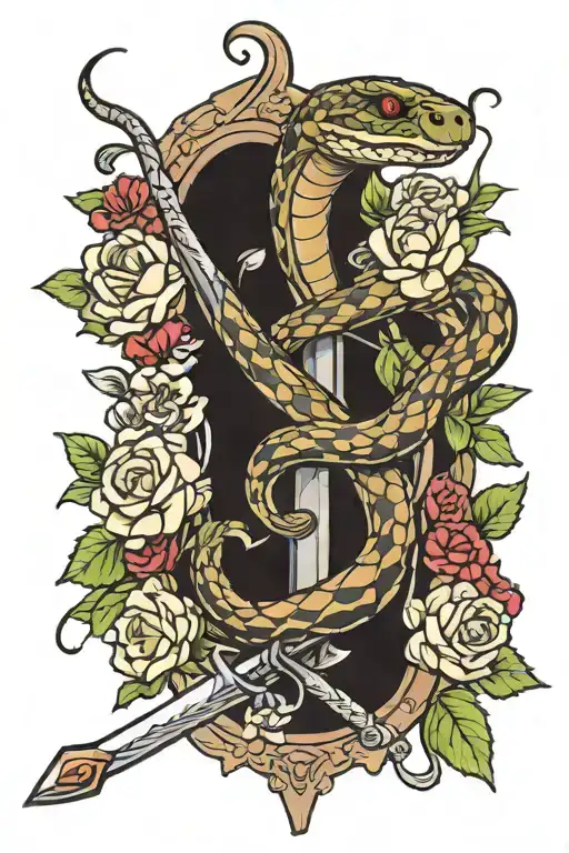 Snake Eating A Broken Sword With Flowers