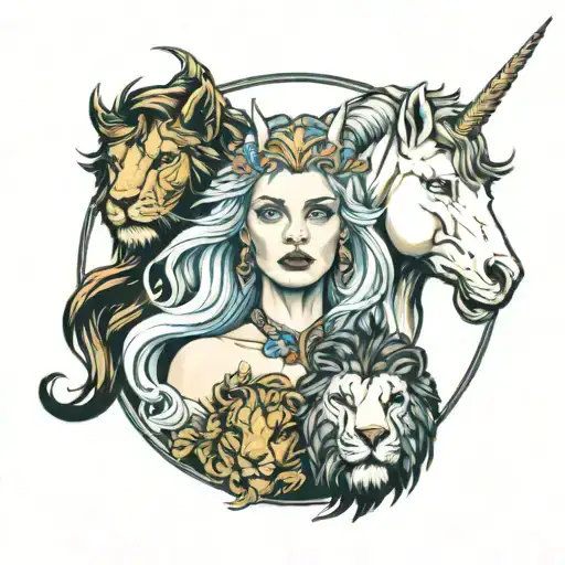 Woman With Blue Eyes And Unicorn With Lion Surrounded