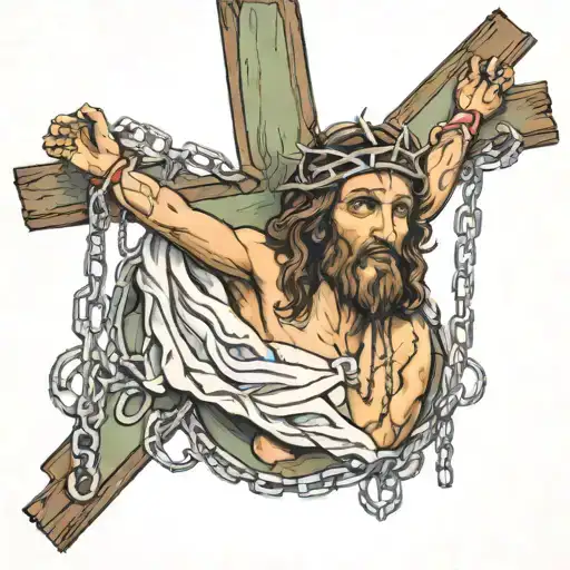 Jesus On A Crucifix Being Held By Chains Above