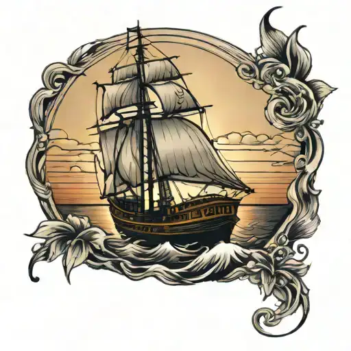 Forearm Sleeve Tattoo Boat And Sunset