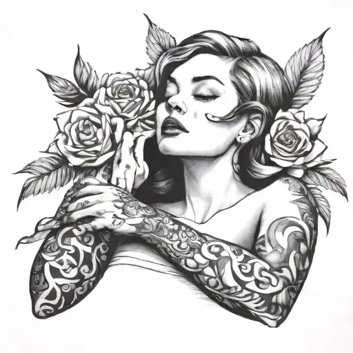 Woman Cuddling Herself In Black And White