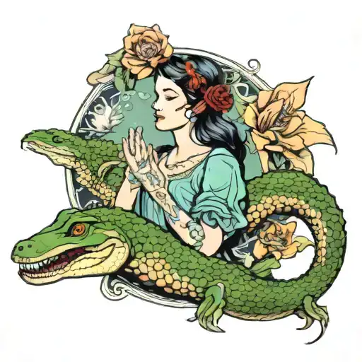 Woman Holding Baby Alligators Art Nouveau Patterns With A Floral
