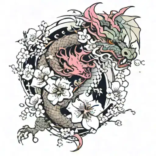 Sakura Flowers And Dragon Emerging