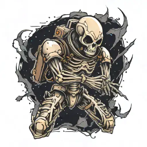 A Skeletal Spaceman Fighting A Spider On His Forearm