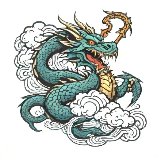 Dragon With Knives And Clouds Surrounding
