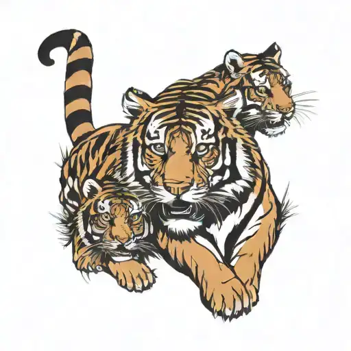 Tiger And Cubs Surrounded