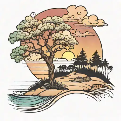 Beach View With Sunset And Trees