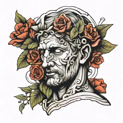 Broken Roman Bust With Flowers And Plants Growing Out Of It
