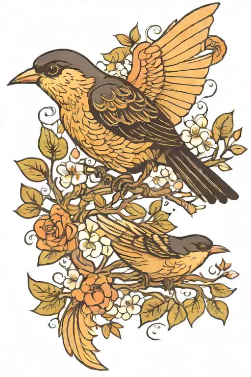 A Bird Flying Away From Other Birds That Are Sitting On A Branch