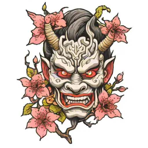 Japanese Oni Mask And Cherry Blossom Tree Growing Inside