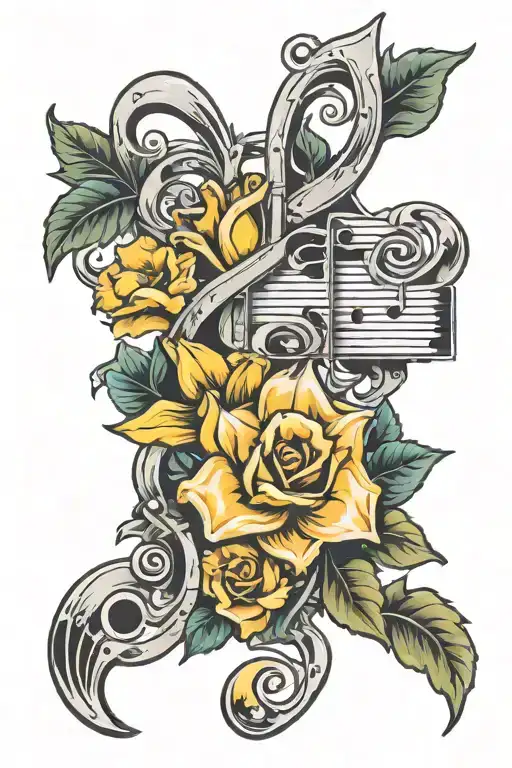 Music Note With Daffodil And Rose Growing