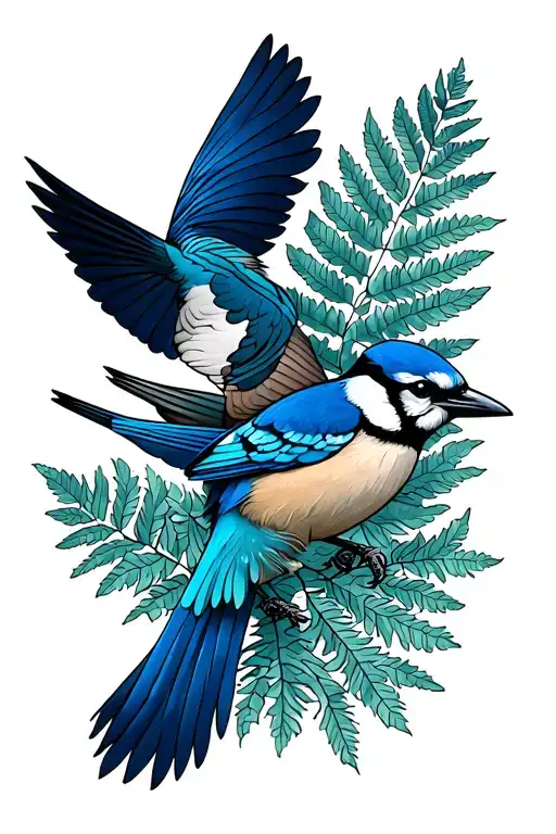 Fantail And Bluejay With Silverfern And Mapleleaf In Background